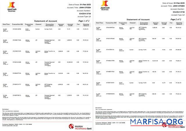 Printable Pakistan Mobilink Microfinance bank statement word 2 pages download for verification